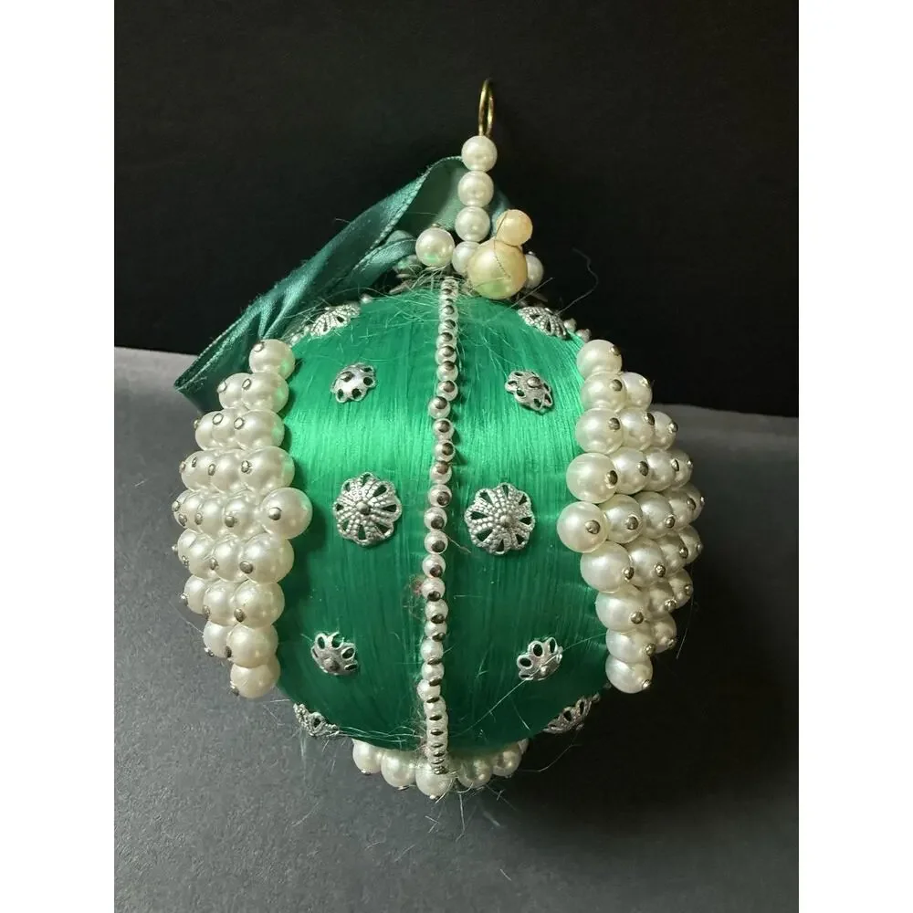 Vintage Handmade Jeweled Beaded Push Pin Green Victorian Christmas Ornament